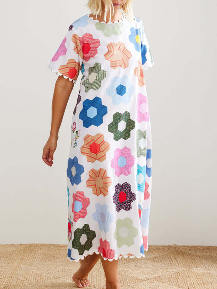 O Neck Casual Female Patchwork Maxi Dress, Women Summer Short Sleeve Chic Party Dress, Printed Ladies Dress