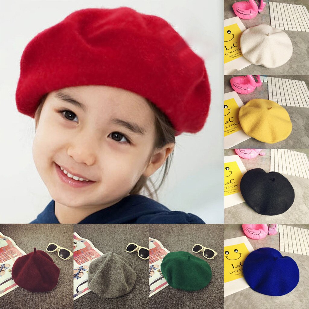 Kinderen Meisjes Stretch Baret Hoed Retro wol Pure Kleur Hoofd Sjaal Wrap Hat Cap winter hoed baby gebreide muts born fotografie