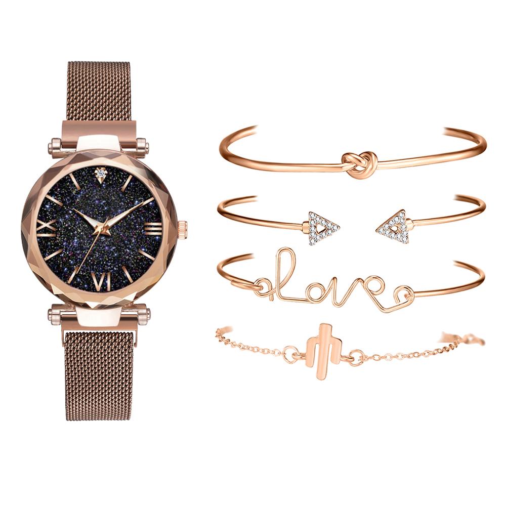 Luksusmærke rose guld stjernehimmel ur kvinder kvinders krystalarmbånd kvarts armbåndsur 5 stk sæt relogio feminino: Brun