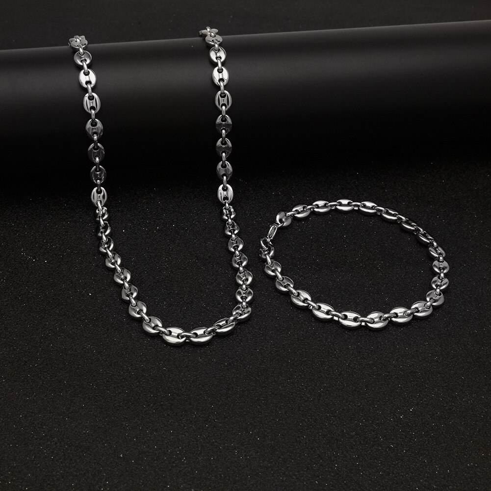 8mm 10mm 13mm koffieboon kettingen voor mannen vrouwen roestvrij staal varkensneus schakelkettingen armbanden choker set valentijnsdag