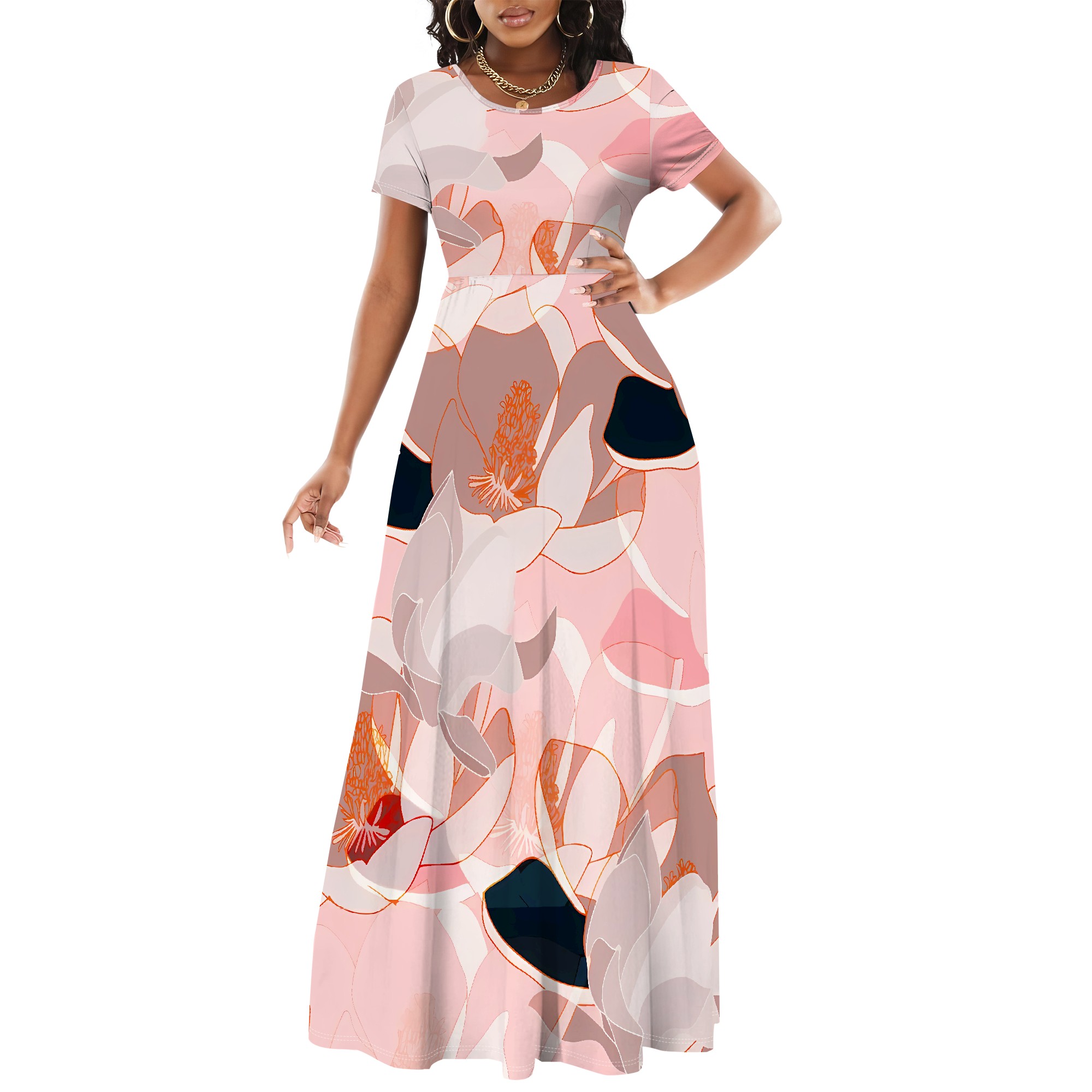 Pink Lotus Floral Maxi Dress Short Sleeve A-Line Vacation Long Dress: XXL / Coffee