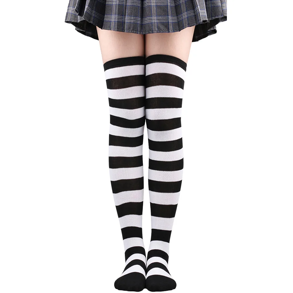 Medias altas hasta el muslo a rayas para mujer, calcetines largos por encima de la rodilla en negro, blanco y rosa, Cosplay de Lolita Harajuku Y2k 2025: Azul cielo