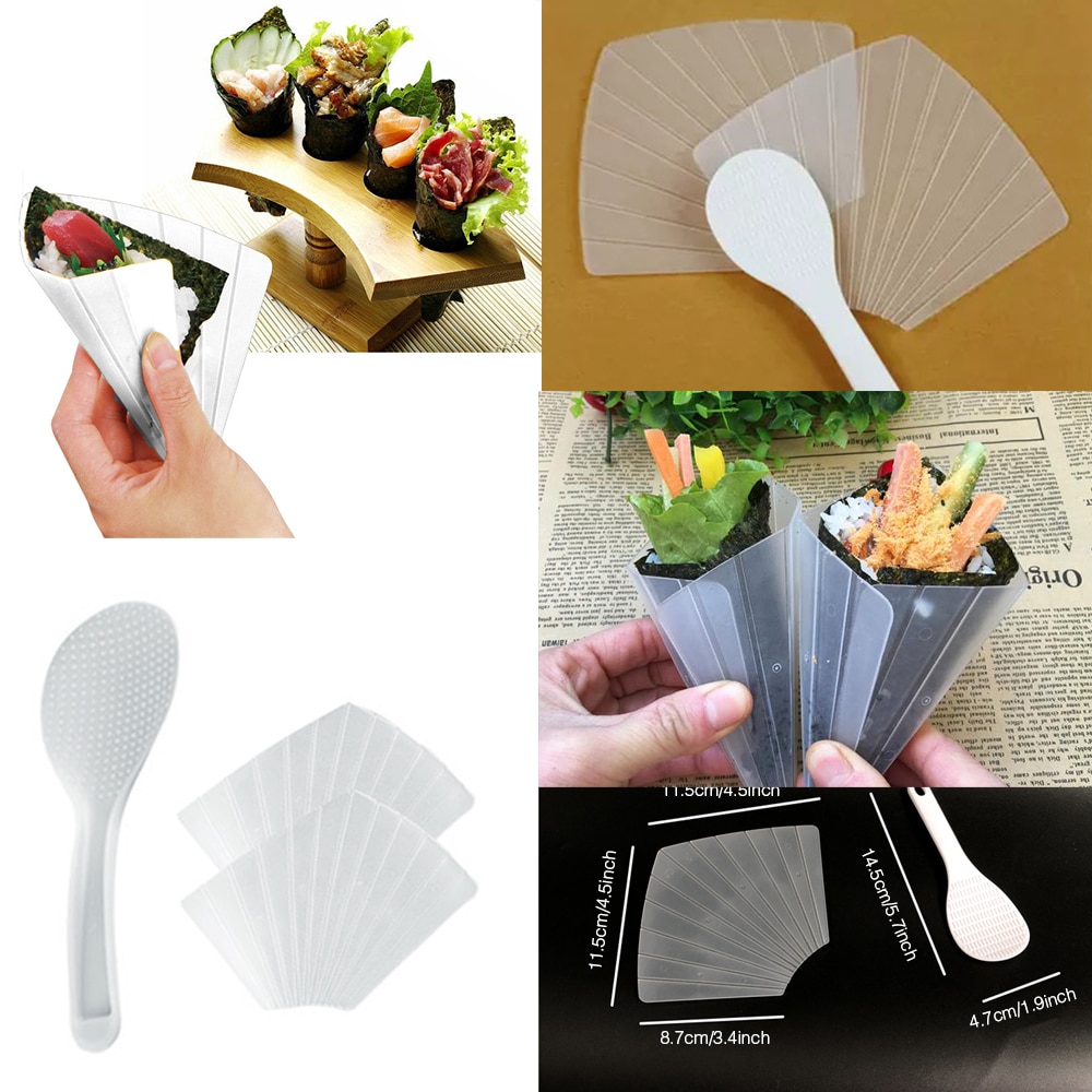 1Set Sushi Tools Two Hand Roll Temaki Sushi Molds Moulds DIY Sushi Maker Onigiri Bento Rice Ball Maker With Rice Paddle H