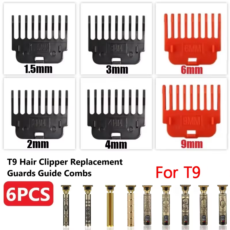 Protectores para cortadora de pelo T9, peines guía, guías de corte, herramientas de estilismo, accesorio Compatible con 1,5mm, 2mm, 3mm, 4mm, 6mm, 9mm, 6 uds.