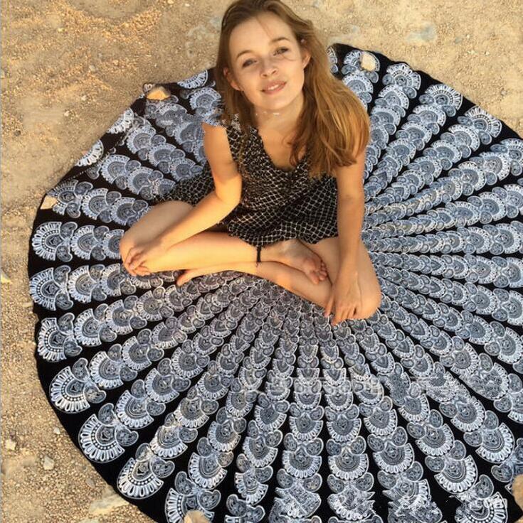 Toalla de playa redonda de gasa y poliéster de 150cm, junto al mar para vacaciones Toalla de playa, chal de baño, Toalla de baño con estampado de cola real grande para playa: Black feather / Polyester 150x150cm