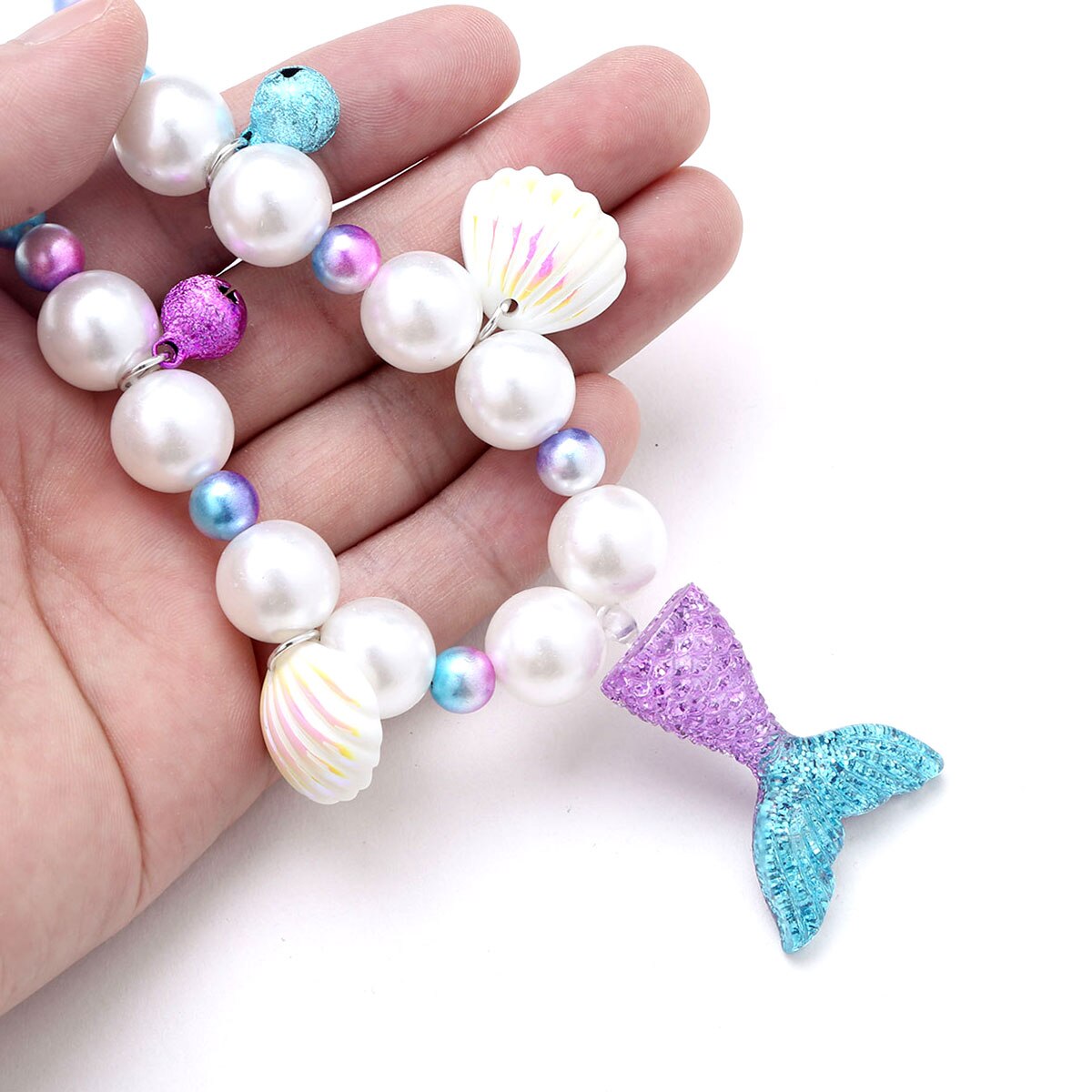 5pc barn jente paljett havfrue hale perle skall anheng halskjede armbånd øre klips ring sett jente havfrue tilbehør med bjeller