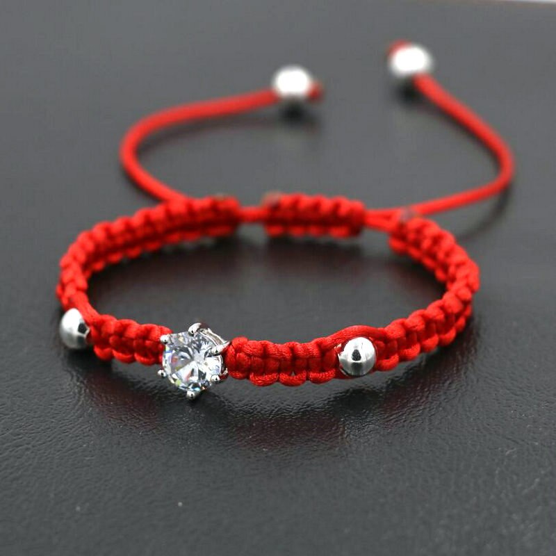 Bppccr Rood Touw Draad String Gevlochten Armbanden Vrouwen Meisjes Zilveren Kleur Kristallen Aaa Zirkoon Liefhebbers Chakra Armband Pulsears: red rope