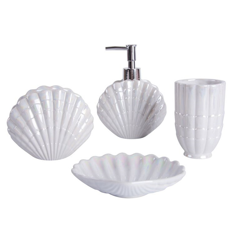 Juego de accesorios de baño con forma de concha de cerámica, herramientas de lavado, botella, taza de enjuague bucal, jabón, soporte para cepillo de dientes, artículos para el hogar pf92021