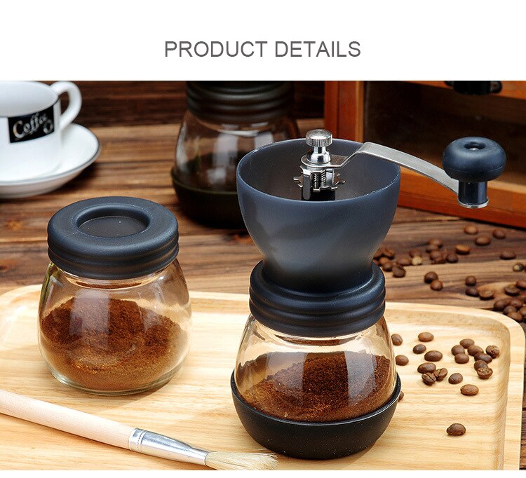 Manuel kaffekværn med glas med opbevaringskrukke blød børste konisk keramisk burr stille og bærbar