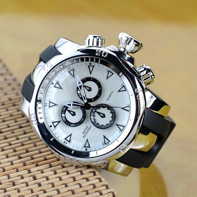Reloj de famosa con esfera grande para hombre, reloj de cuarzo con esfera grande, correa de goma de 52MM, reloj de pulsera de oro rosa para hombre, reloj de lujo para hombre,: Plata