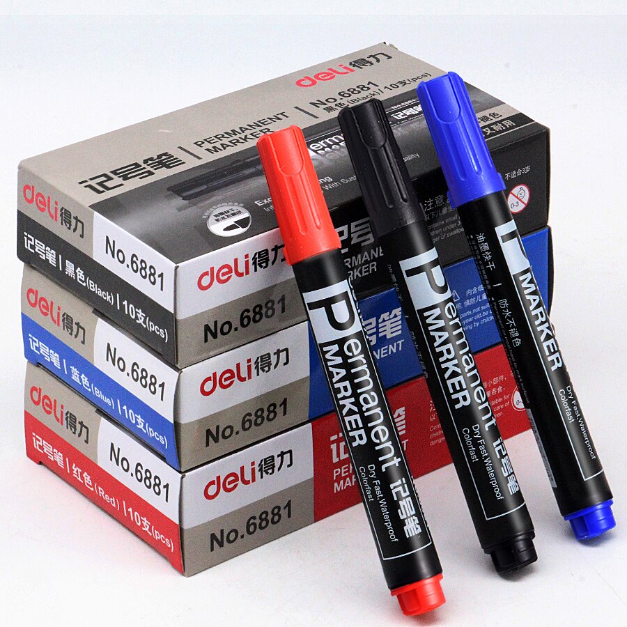 10Pcs Speciale Aanbieding Deli 6881 Markeerstift Olie Pen Zwart/Rood/Blauw Express Marker Pen