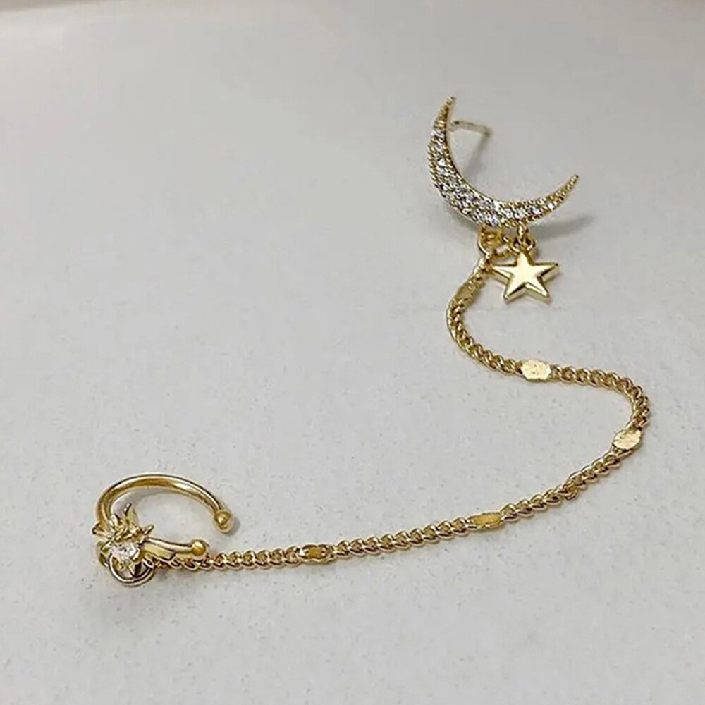 1 Uds Luna Simple borla de estrellas de la cadena pendiente oro Dangler para mujeres de Clip de oreja joyería