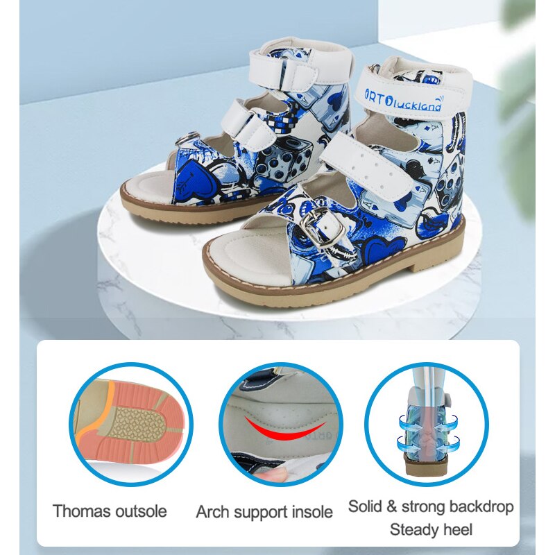Ortoluckland kleinkind jungen walking sandalen leder orthopädische schuhe für kinder kinder schnalle muster starre plattfuß schuhe