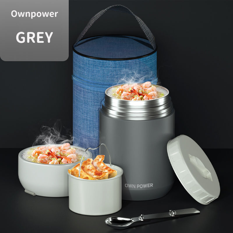 OWNPOWER termos na żywność, 1000ml/1200ml 316 pojemnik ze stali nierdzewnej biznes przenośny piknik, izolowane pudełko na obiad, makaron producent: szary z torba / 1000 ml