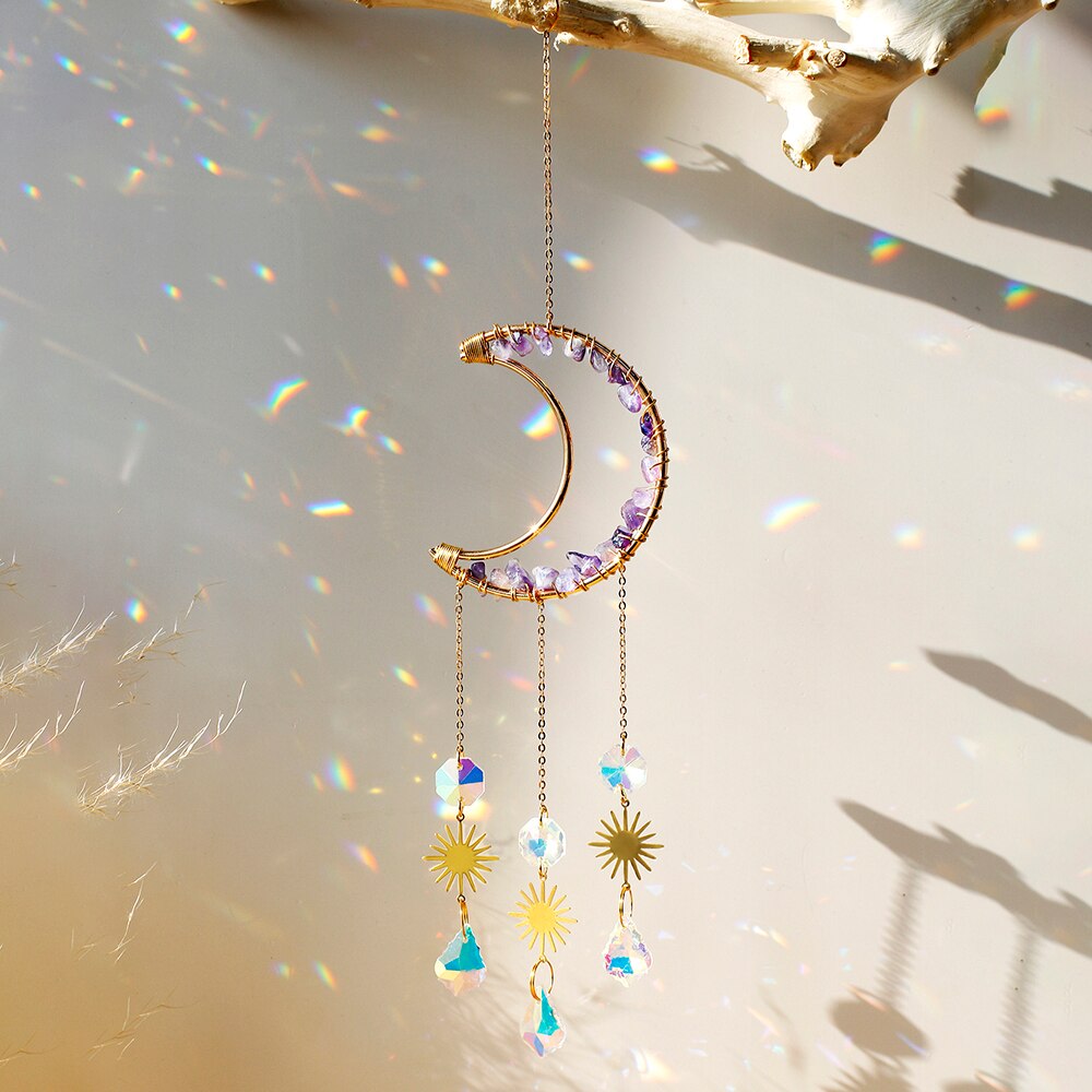 Atrapamoscas de Metal para decoración de pared, Prisma de bola de cristal, Luna, artesanía de arcoíris para ventana de coche, cristales colgantes para jardín: suncatcher M01156