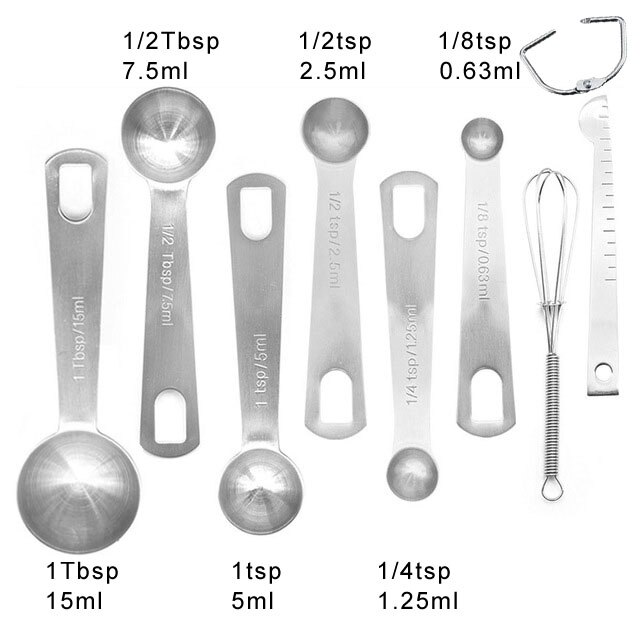 Cucharas de medición de acero inoxidable para líquidos secos, herramientas para 304, 1/16, 1/8, 1/4, 1/3, 1/2, 1, 3/4, bsp, se adapta a tarros de especias, 9 Uds., 11 Uds.: F