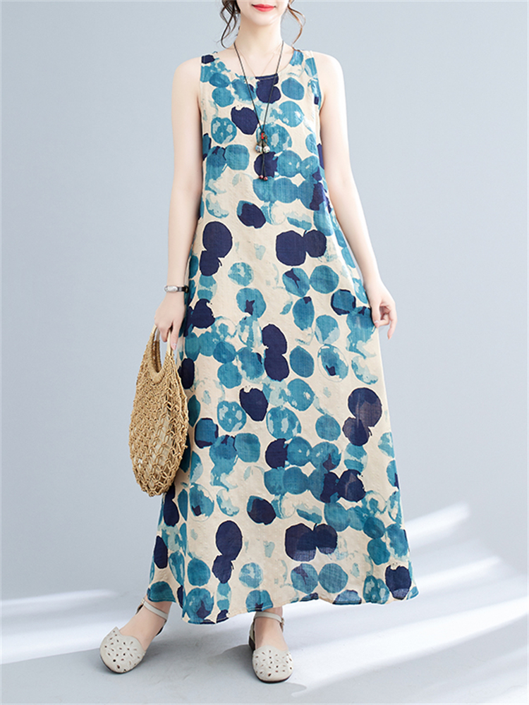 Ærmeløse bomulds polkaprikkede vintage kjoler til kvinder sommer afslappet lang kjole femme kåbe vestidos tøj