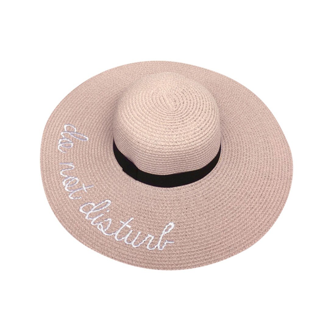 Sombrero de paja grande de verano para mujer de , disquete solar, sombreros anchos con estampado de letras, gorras de playa plegables, sombrero de playa,: Pink