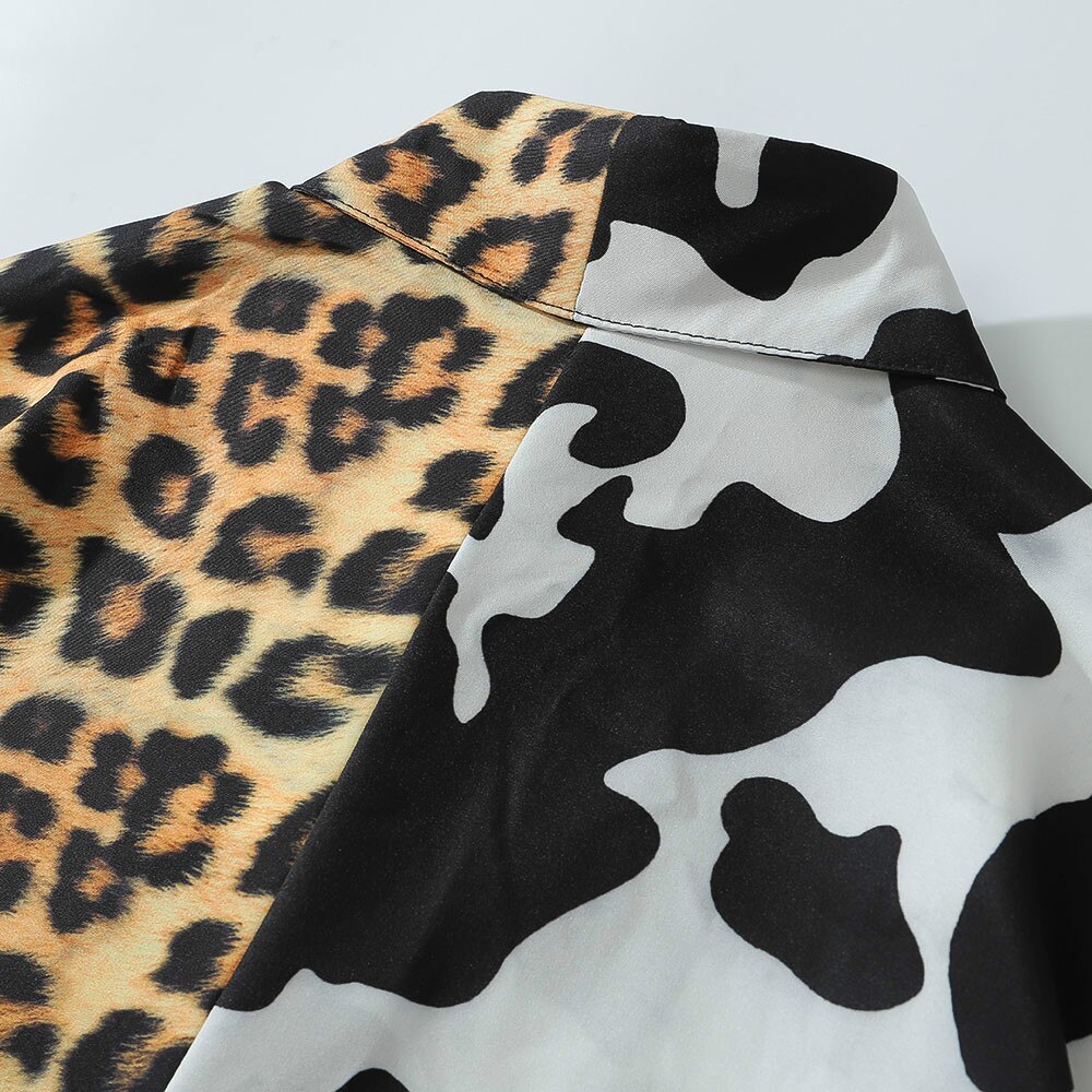 Homme chemise imprimé léopard vache bicolore à manches longues chemise hawaïenne plage fête streetwear Harajuku hip-hop décontracté haut ample