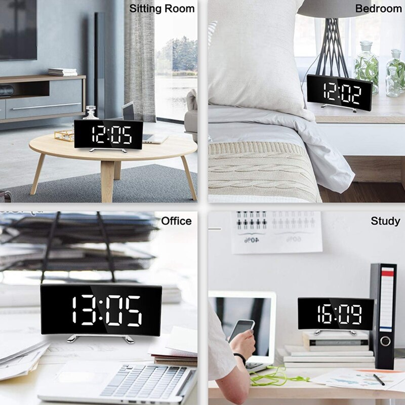 Digitalt vækkeur , 7 tommer buet dæmpbart led sn digitalt ur til børneværelset, hvidt ur med stort tal, snooze func