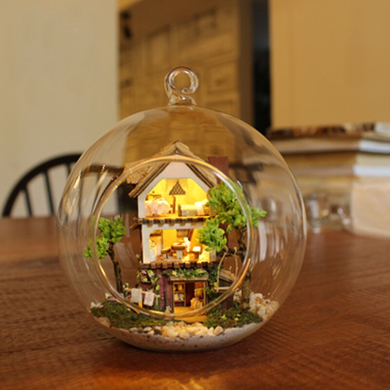 Diy poppenhuis miniatuur poppenhuis met meubels glazen bol huis voor poppen model casa verjaardag speelgoed voor kinderen  b006 # e: B001