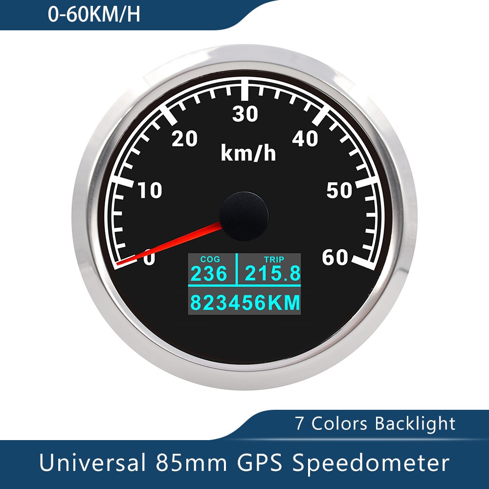 Novo velocímetro de 85mm gps 0-30/60 nós 0-60/80/120/160/200 mph 0-60/120/200km/h com luz de fundo de 7 cores para a motocicleta do barco do carro: 60KBS