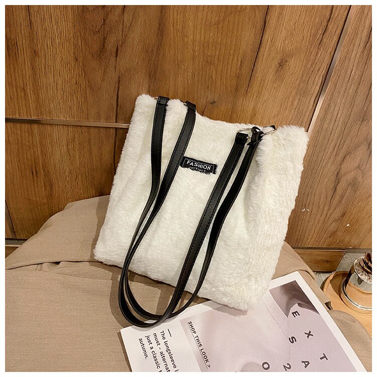Vinter plys mini taske leopard print label skulder bøtte tasker til kvinder hasp større kapacitet fløjl shopper underarm taske: Hvid