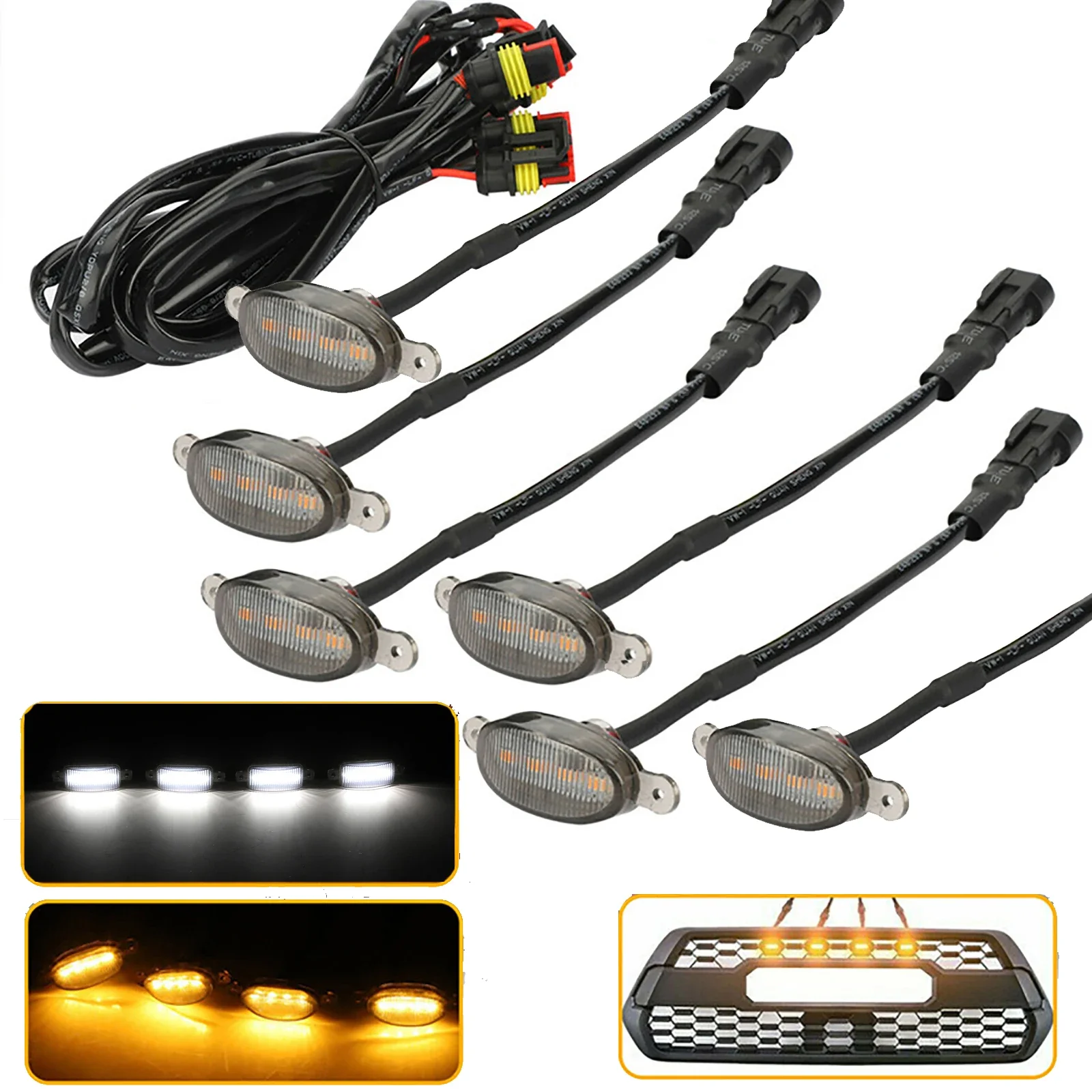 Luz LED frontal para parrilla de coche, lámpara Universal de ojo de águila para maletero, SUV, Ford y Toyota, color blanco ámbar, 4LED