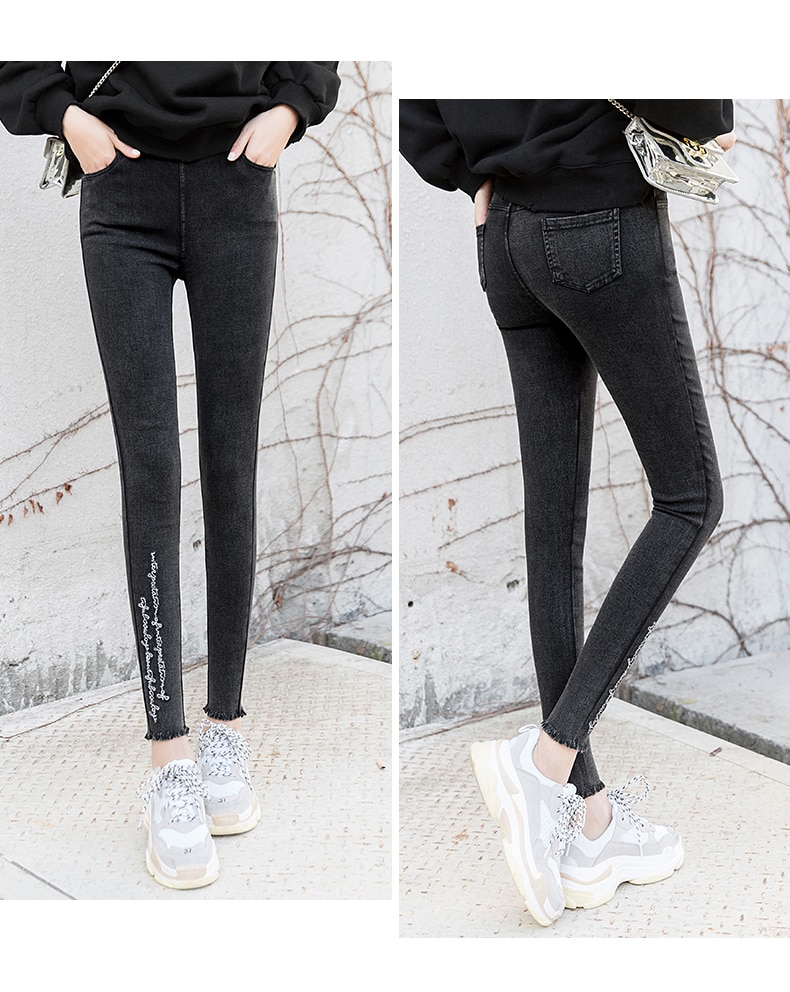 Stickerei Jeans Hohe Elastische Boyfriend-Jeans Weibliche Gewaschen Denim Dünne Weibliche Gedruckt Bleistift Hosen Zerrissene Streetwear Hosen