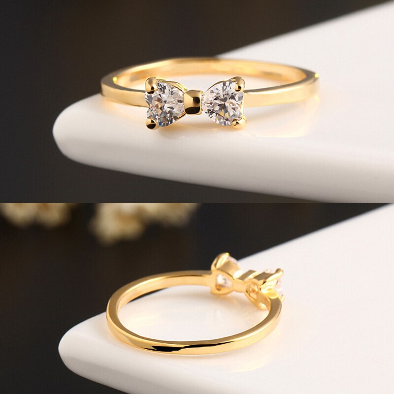 Crystal Rings Classic Gold Color Finger Bow Ring Unique Romantic Wedding Engagement Party Rings For Women