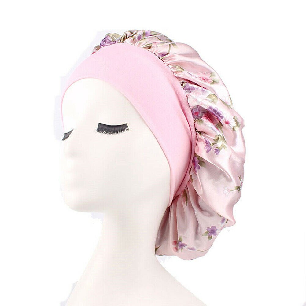 Kvinder satin silke nat søvn cap hår motorhjelm hat hoveddæksel blomster bred juster elastikbånd: Lyserød