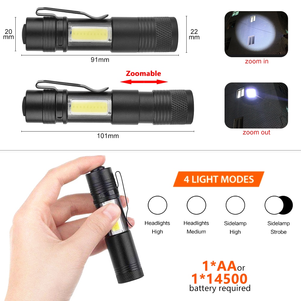 Super Bright Adjustable led torch Flashlight 3800LM XML-Q5+COB LED Flashlight Use AA 14500 Battery Waterproof for fishing