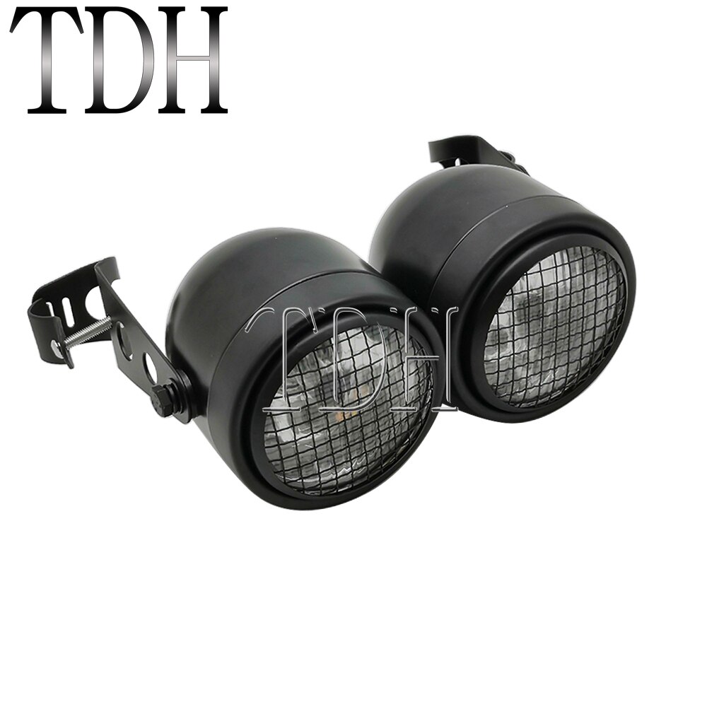 Motorcycle Retro Headlight Mesh Grill Twin Dual Cafe Racer Front Head Light Lamp Bracket Mask Kits For Harley Dirt Bikes: D black clear
