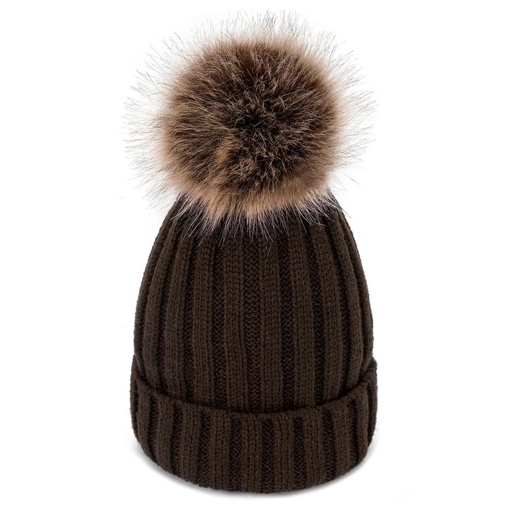 Women's Winter Hats Knit Plus Velvet Warm Beanie Hat Ladies Solid Color Pom-pom Hat Clothing Accessories