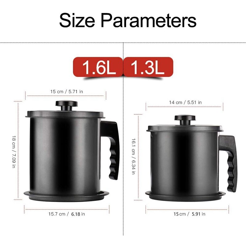 Contenedor de grasa, almacenamiento de aceite de Bacon con filtro de malla fina, lata de cocina negra de 1,3 L para aceite de cocina usado, grasa, aceite para freír