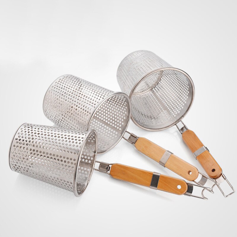 Roestvrij Staal Noodle Lepel Mesh Pasta Mand Met Houten Non Slip Handvat &amp; Staart Opknoping Haak Lichtgewicht Duurzaam Koken Gereedschap