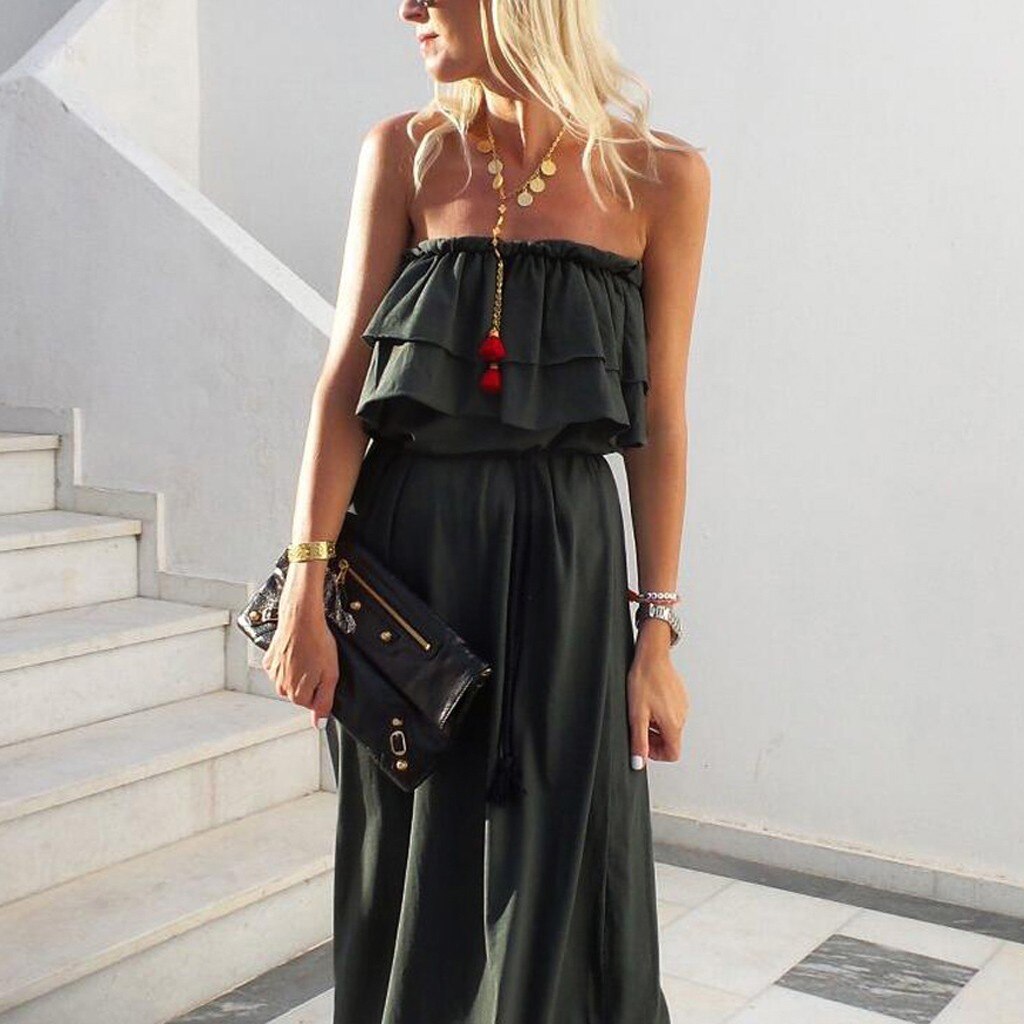 Chamsgend Off Schouder Chiffon Zomer Jurken Vrouwen Ruche Geplooide Lange Jurk Legergroen Elegante Losse Strand Jurk