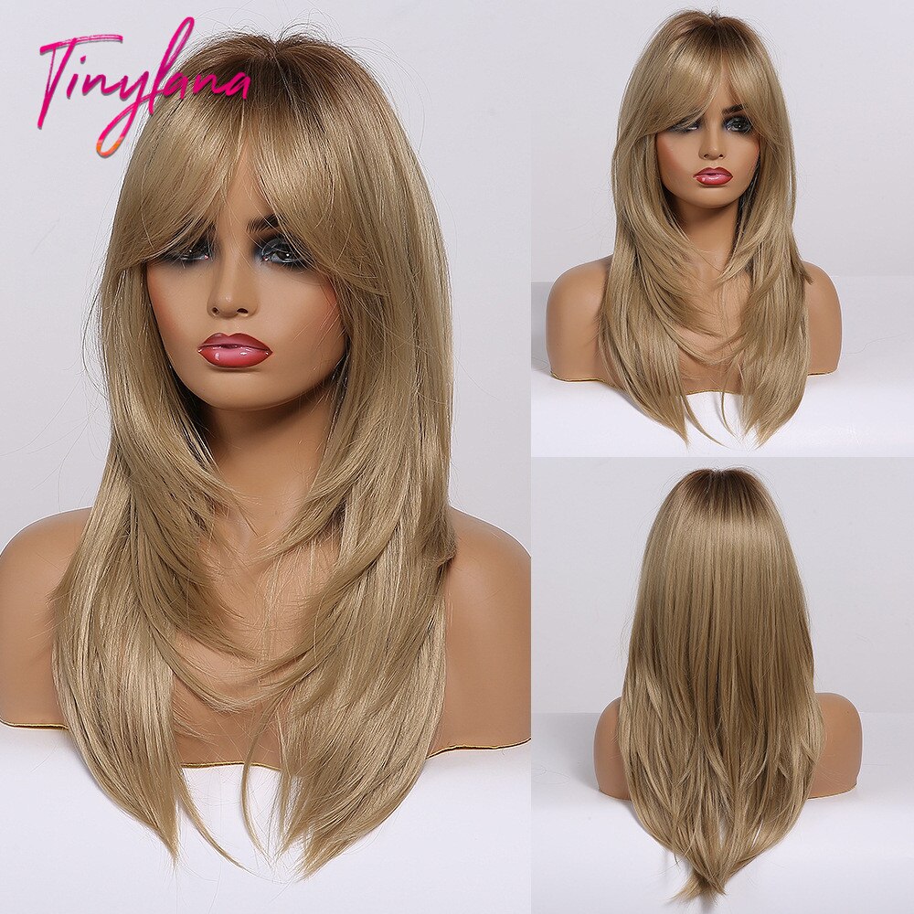 TINY LANA-Peluca de cabello sintético para mujer, cabellera artificial liso de longitud media, color negro y marrón, capas resistentes al calor con flequillo, Natural: LC259-4