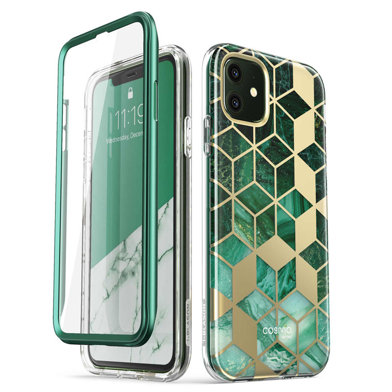 i-Blason For iPhone 11 Case 6.1 inch Release) Cosmo Full-Body Glitter Marble Bumper Cover with Built-in Screen Protector: Green