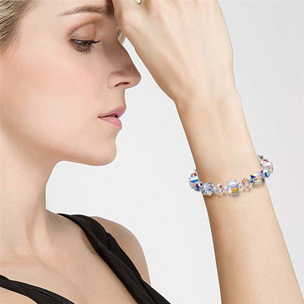 Sparkling Aurora Kristallen Link Chain Stretch Armband Vrouwen Mode-sieraden