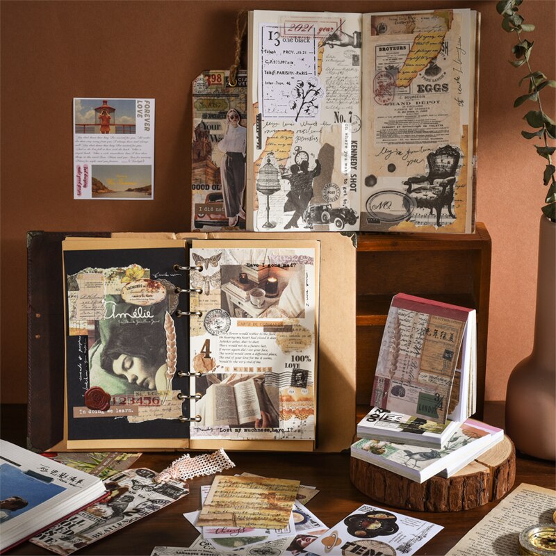 Libro de escritura con Collage Vintage, pegatinas, diario de chatarra, ephemera, papel artesanal, álbum de recortes, Manual decorativo