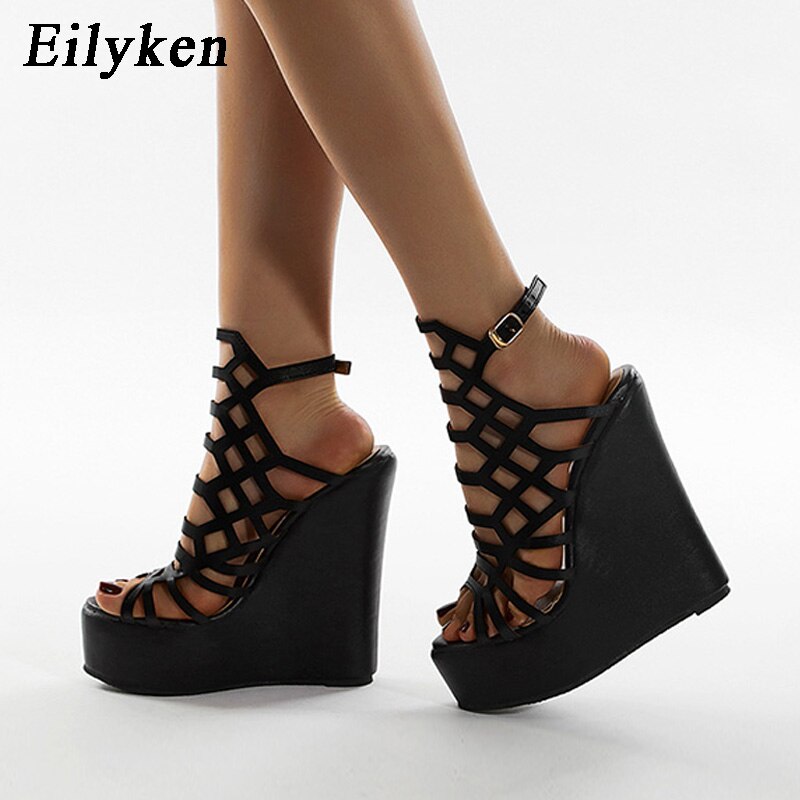 Sandalias romanas con plataforma para mujer de Eilyken, zapatos de vestir para mujer con tacón de cuña y hebilla en el tobillo con punta abierta de cuero PU A LA
