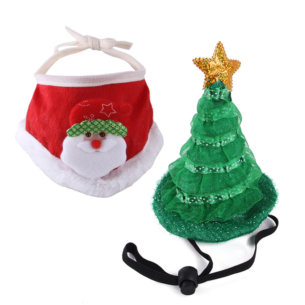 Pet Cat Costume Christmas Hat Bib Suit Cat Costume Dress Up Cute Cat Clothes Christmas Tree Hat Ornaments Pet Supplies: L