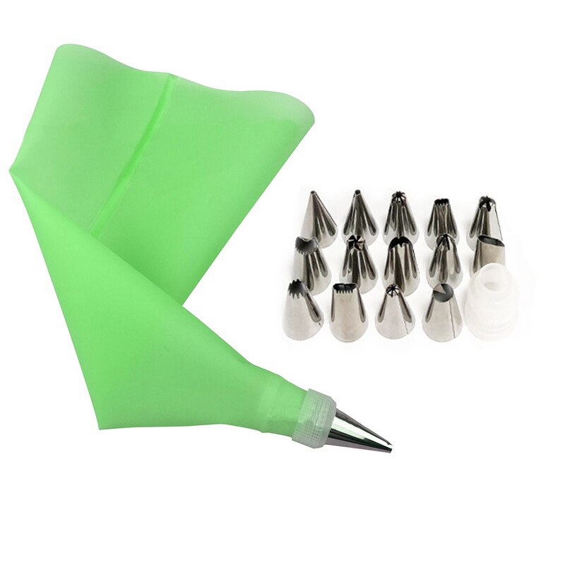 16 stuks siliconen glazuur spuitzak, 14 stuks roestvrijstalen spuitmondjes, doe-het-zelf taartdecoratietips, keukenaccessoires: 16 stuks groen