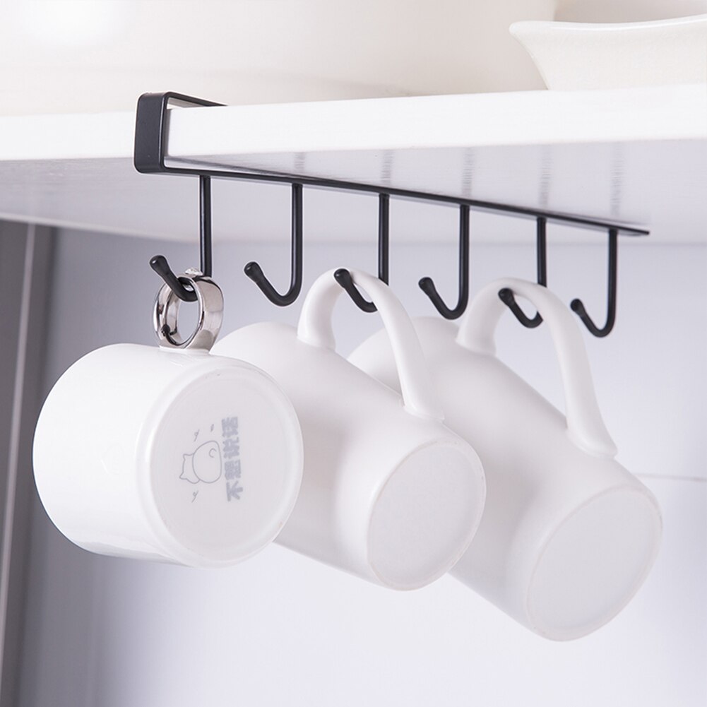 Wine Glass Rack Under Cabinet Paper Cup Holder Storage Hanger Metal Organizer Coffee Cup Mug Holder 6 Hook Hanger For Kitchen: 6-hook hanger black