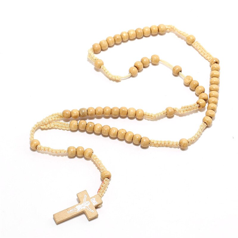 Cross vintage style herretøj kvinders katolske christ wood rosary perler cross vedhæng halskæde 4 farver til: Beige