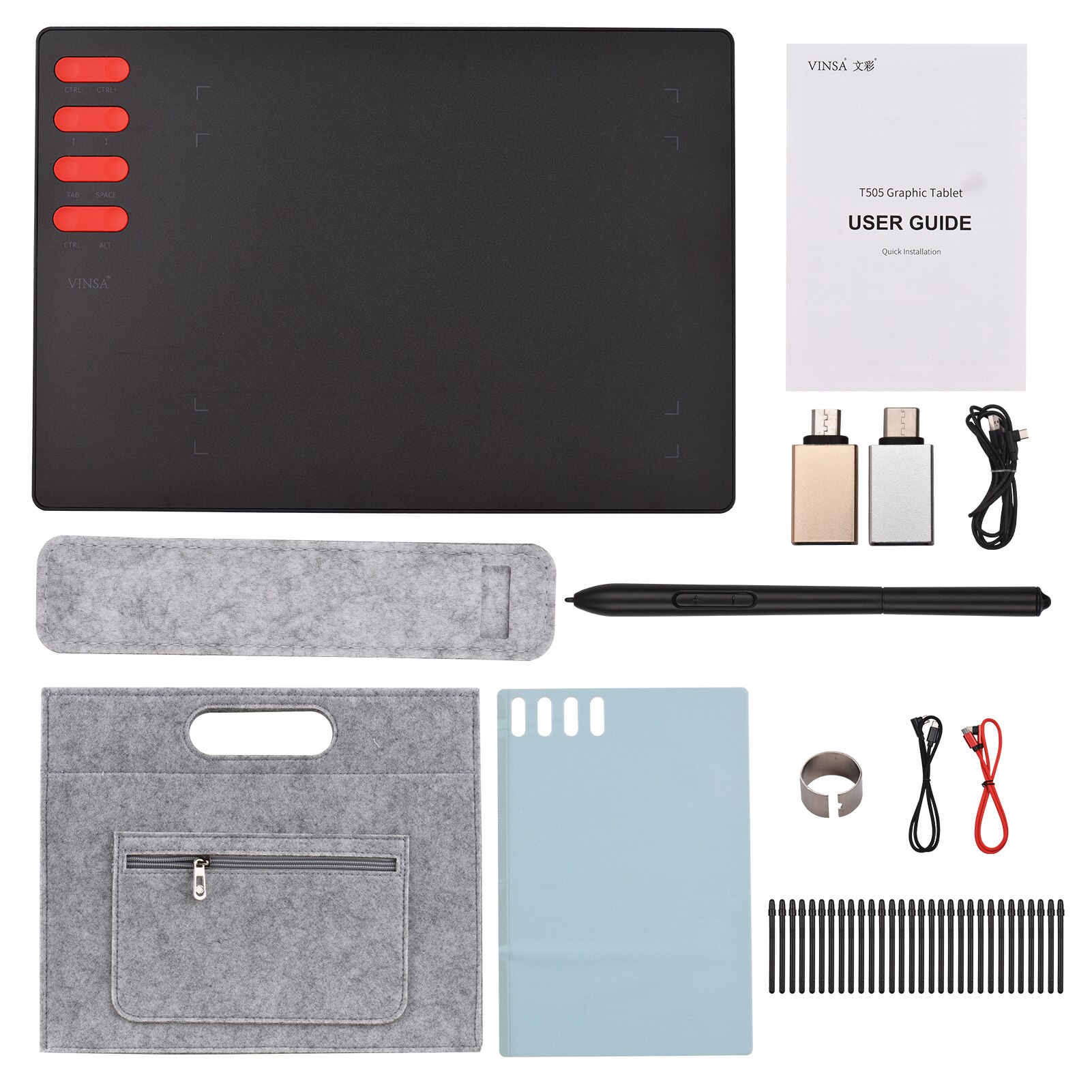 T505 Graphics Drawing Tablet Ultralight Art Creation Sketch Battery-free Stylus 30 Pen Nibs 8192 Levels Pressure 8 Shortcut Keys: package 3