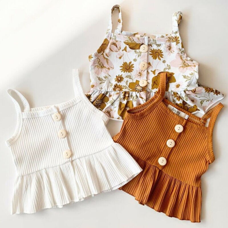 Pudcoco 2Pcs Kids Baby Meisje Kleding Mouwloze Knop Ruches Tops Jurk Bloem Shorts Broek Outfit Zomer