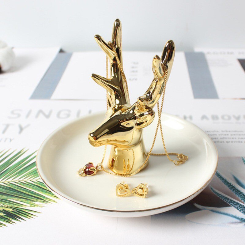 Gouden Herten Gewei Opslag Plaat Mini Creatieve Keramische Ring Lade Chic Ketting Decoratieve Display Plaat Keramiek Sieraden Lade