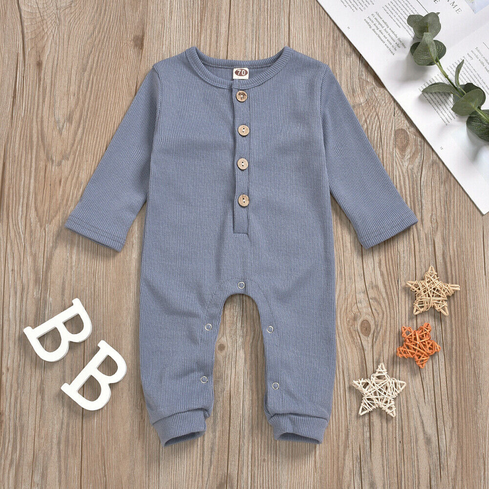 Infant Baby Girl Boy Romper Clothes Solid Button Long Sleeve Knitted Romper Jumpsuit Overall Outfits: Light Blue / 24M
